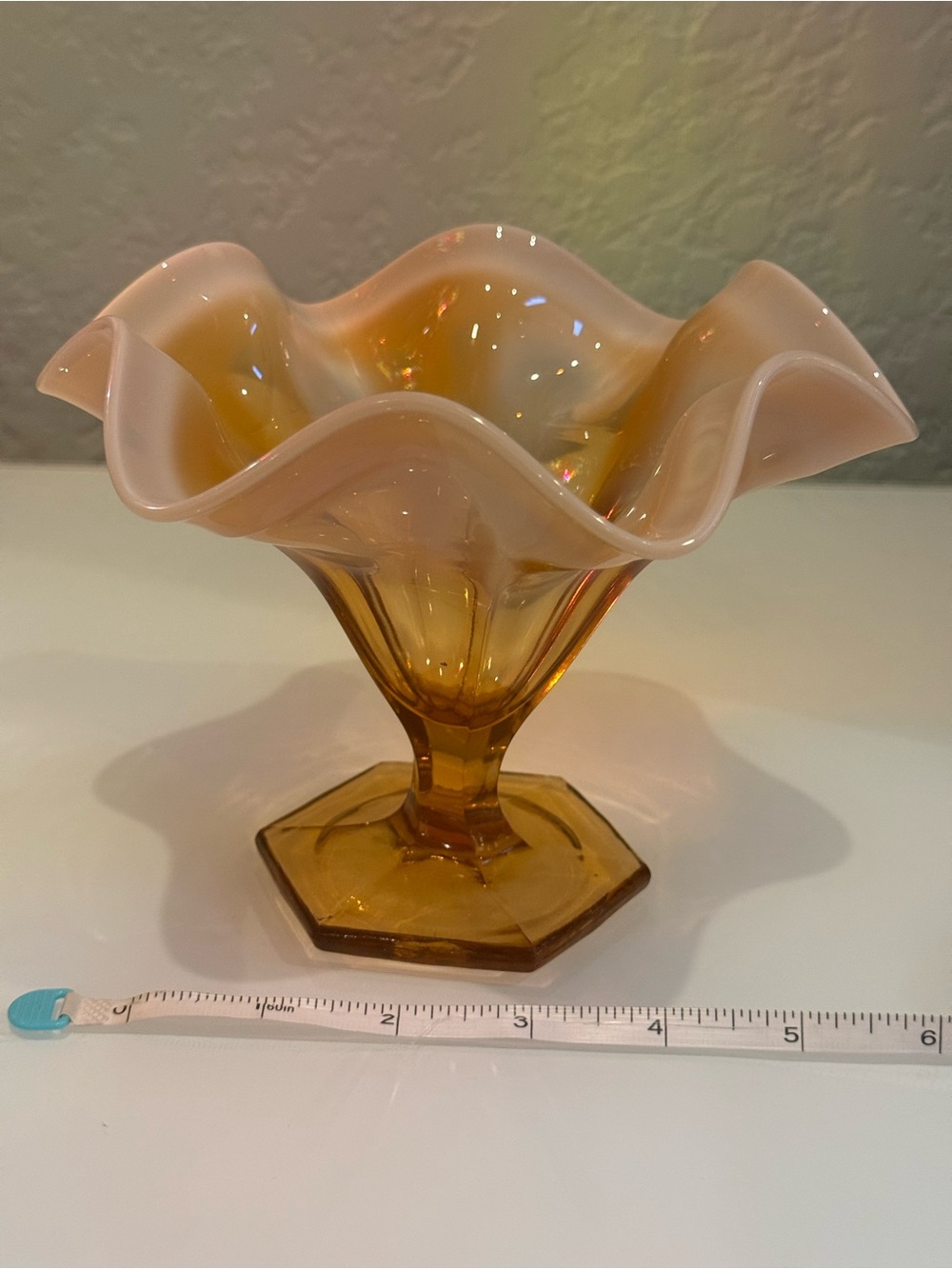Vintage Fenton Cameo Amber
Opalescent flared ruffled footed Vase - Picture 6 of 10